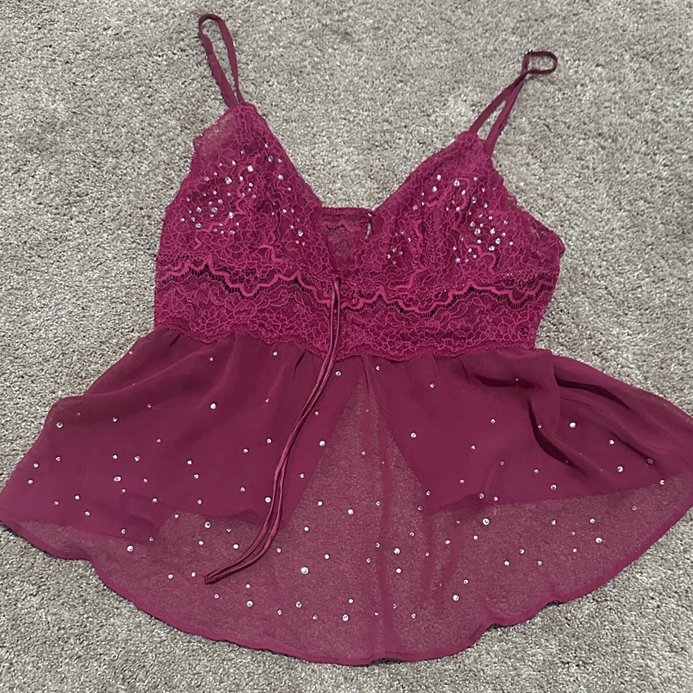 Sheer Lace Overlay Rhinestone Babydoll Camisole - Berry